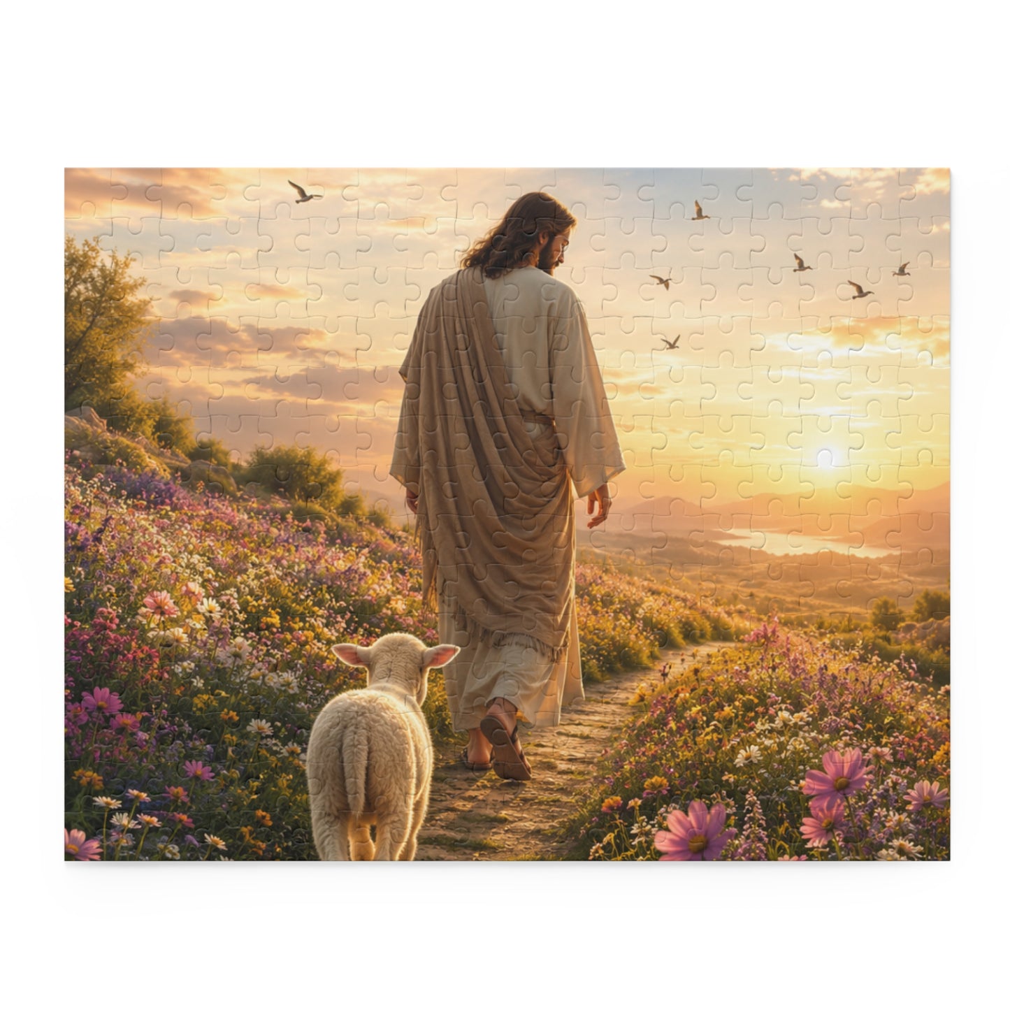 Jesus with Lamb Jigsaw Puzzle – Spiritual Sunset 120/252/500-Piece Puzzle