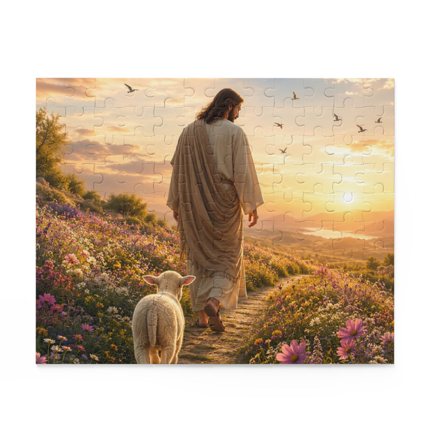 Jesus with Lamb Jigsaw Puzzle – Spiritual Sunset 120/252/500-Piece Puzzle