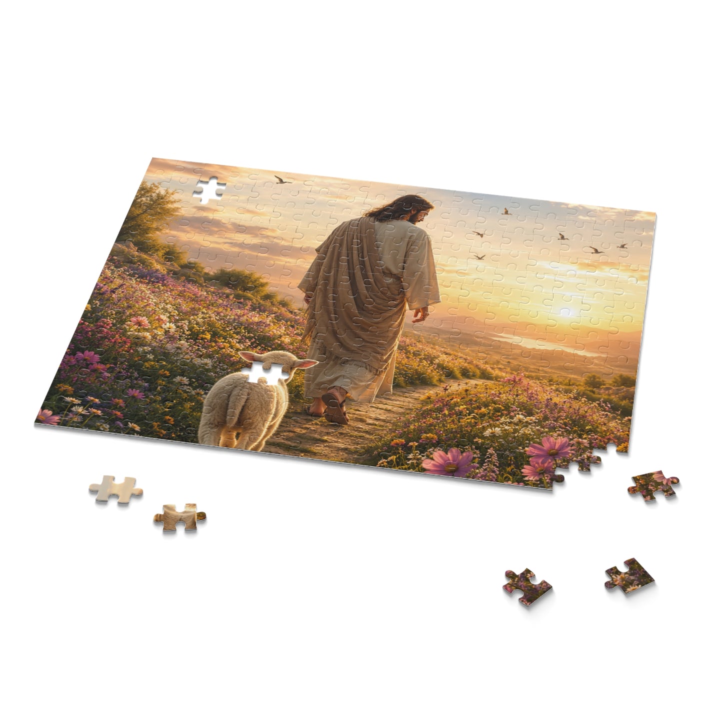 Jesus with Lamb Jigsaw Puzzle – Spiritual Sunset 120/252/500-Piece Puzzle