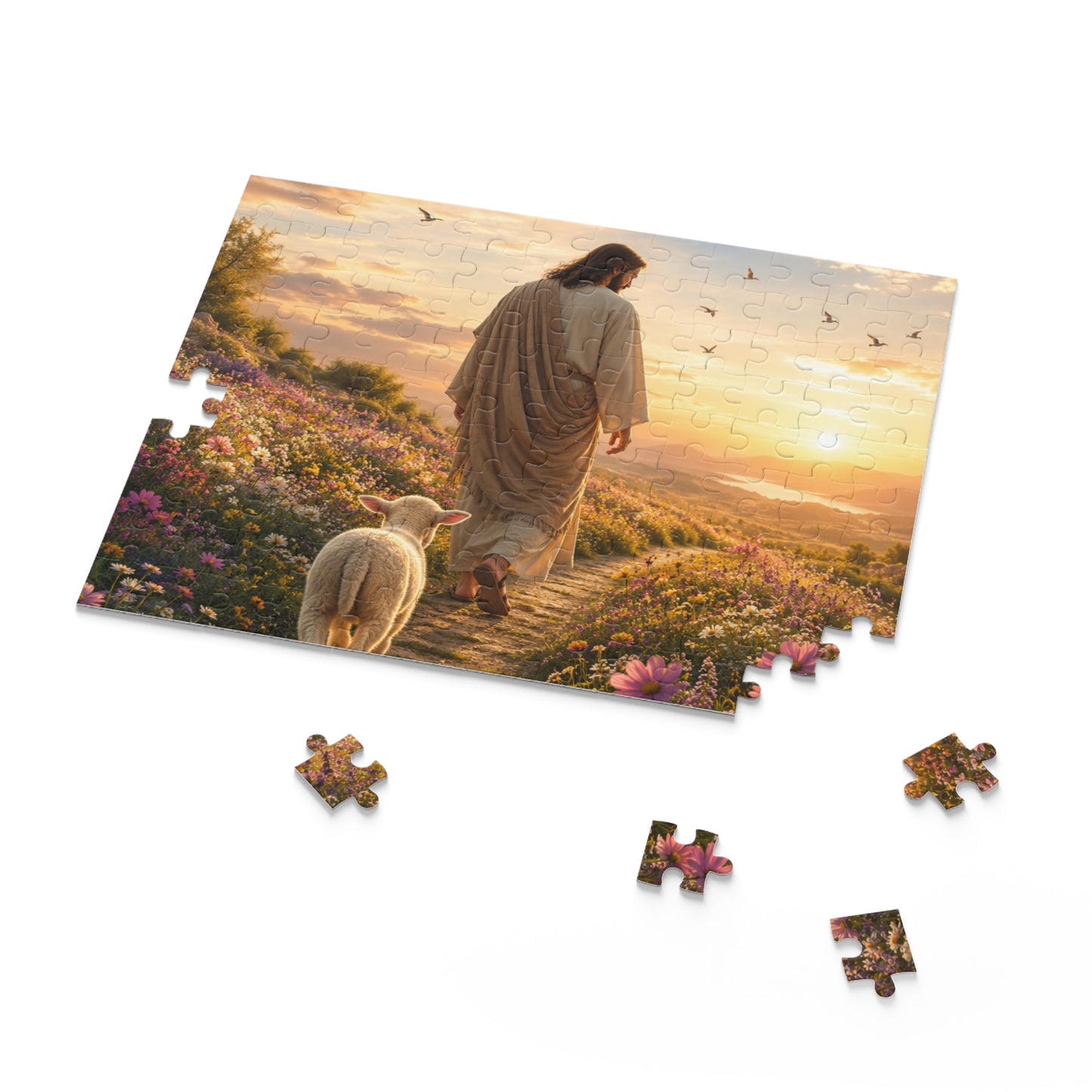 Jesus with Lamb Jigsaw Puzzle – Spiritual Sunset 120/252/500-Piece Puzzle