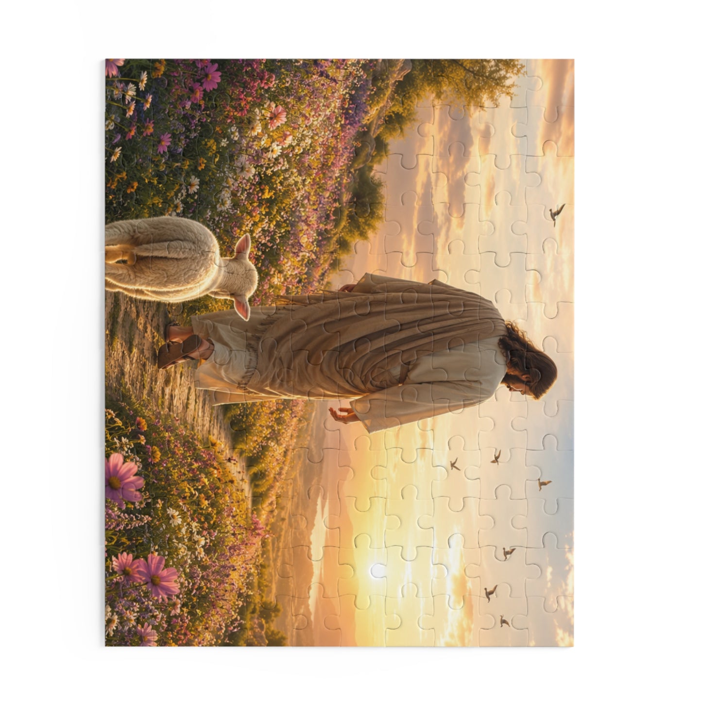 Jesus with Lamb Jigsaw Puzzle – Spiritual Sunset 120/252/500-Piece Puzzle