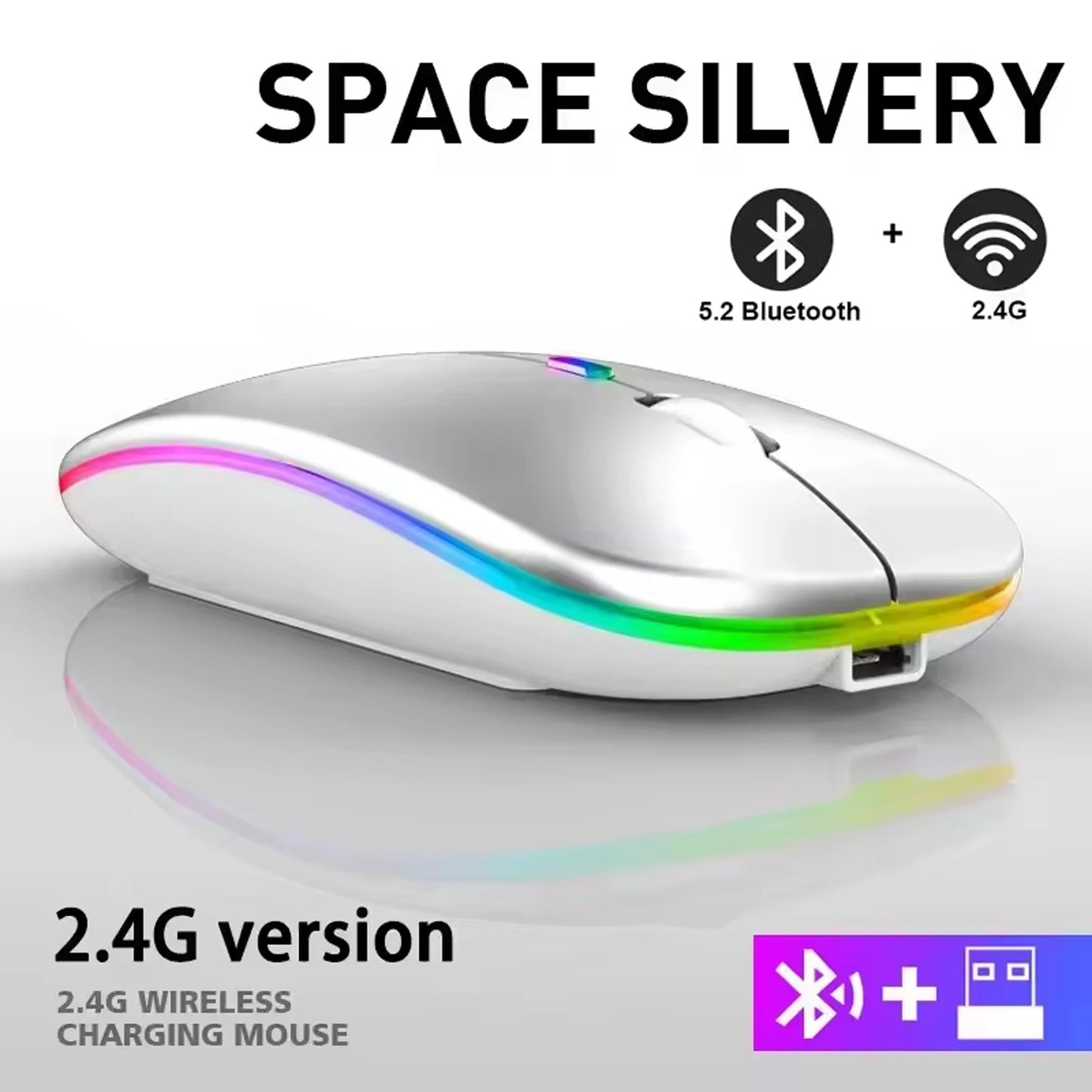 Rechargeable Bluetooth Wireless Mouse with 2.4GHz USB RGB 1600DPI Mouse for Computer Laptop Tablet PC Macbook Gaming Mouse Gamer