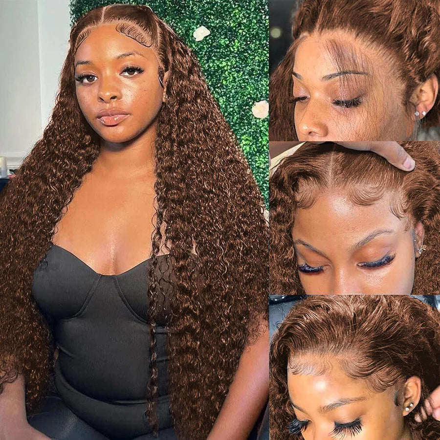 Chocolate Brown 13x6 HD Lace Frontal Wig with 13x4 Curly Deep Wave Human Hair Water Wave Brazilian Style for Women 4x4 Hair